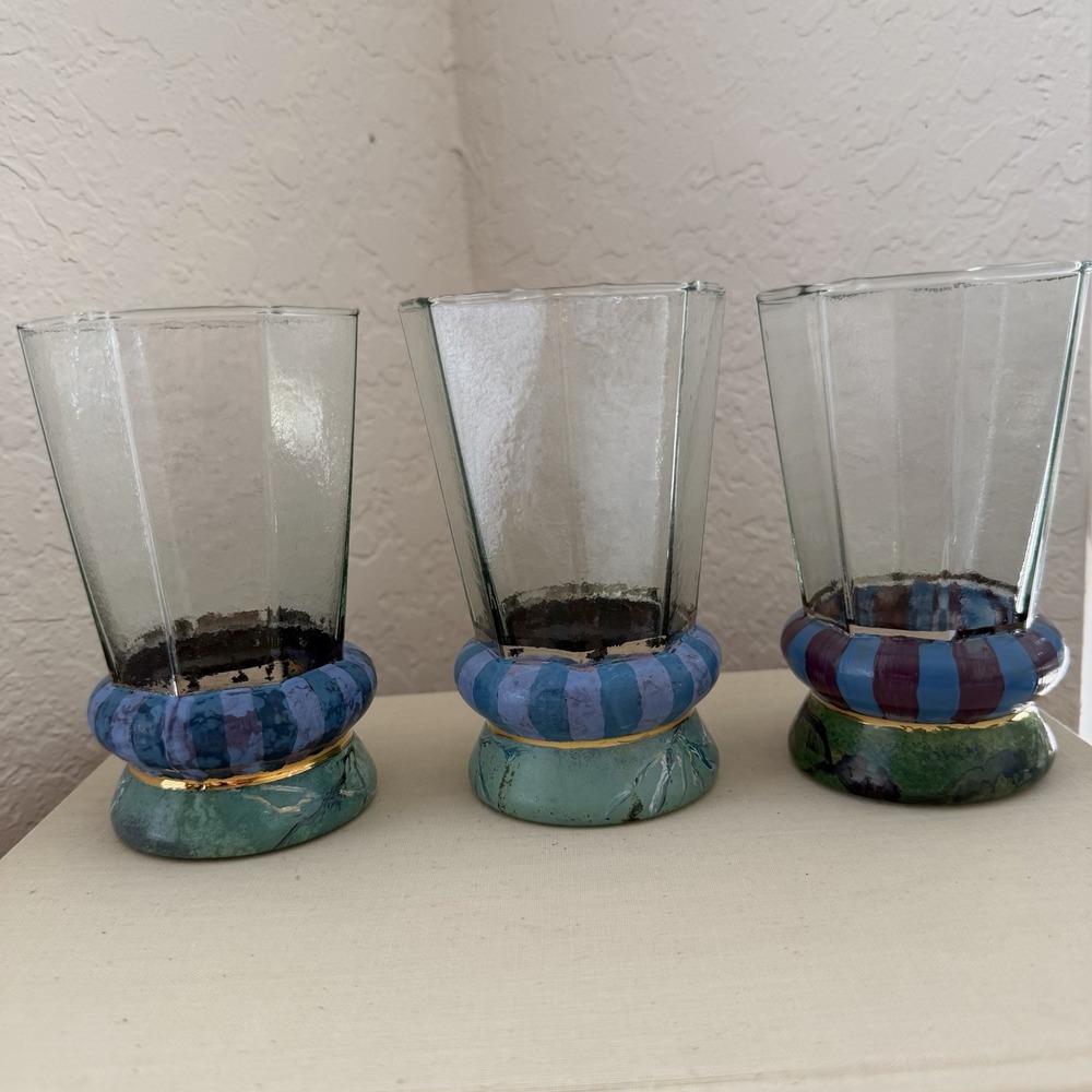 Vtg 80s 90s Mackenzie Childs Glass Cups Circus Purple Stripe Marble Octagon